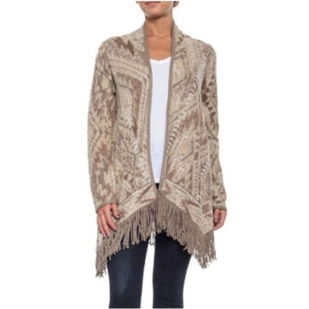 Lucky Brand Fringed Brushed Knit Cardigan Sweater Boho Southwest 7W51277 XS $129